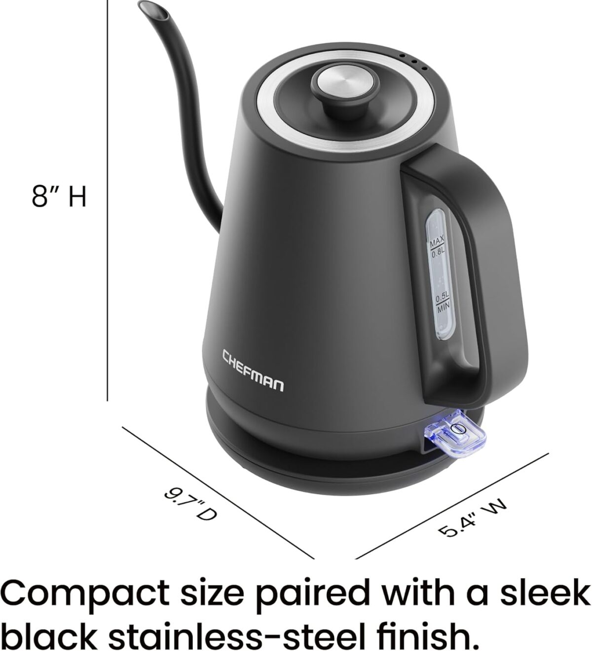 Chefman Gooseneck Electric Kettle, 0.8L Pour Over Tea Kettle for Coffee and Tea, One-Touch Operation, Boil-Dry Protection, Auto Shut-Off, Ultra-Fast Hot Water Boiler – Black - Image 9
