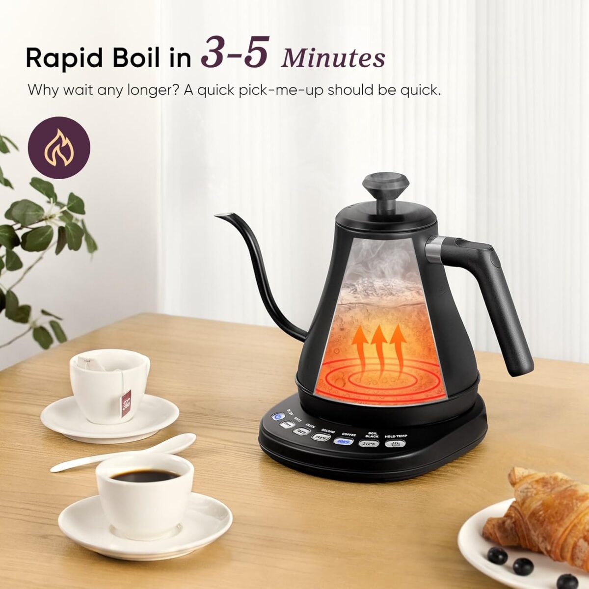 COSORI Electric Gooseneck Kettle with 5 Temperature Control Presets, Pour Over Kettle for Coffee & Tea, Hot Water Boiler, 100% Stainless Steel Inner Lid & Bottom, 1200W/0.8L - Image 5