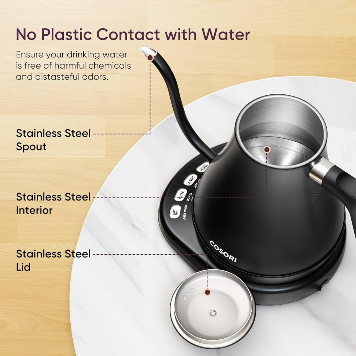 COSORI Electric Gooseneck Kettle with 5 Temperature Control Presets, Pour Over Kettle for Coffee & Tea, Hot Water Boiler, 100% Stainless Steel Inner Lid & Bottom, 1200W/0.8L - Image 7