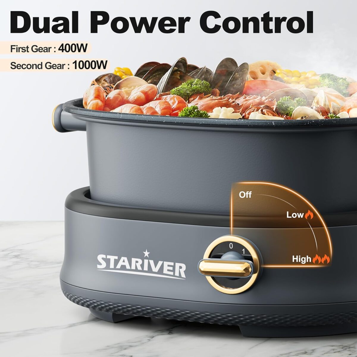 Stariver 3L Electric Hot Pot with Dual-Power Control and Non-Stick,Electric Shabu Shabu Pot with Removable Pot, Electric Pot with Tempered Glass Lid for Party, Family Dinners - Image 3