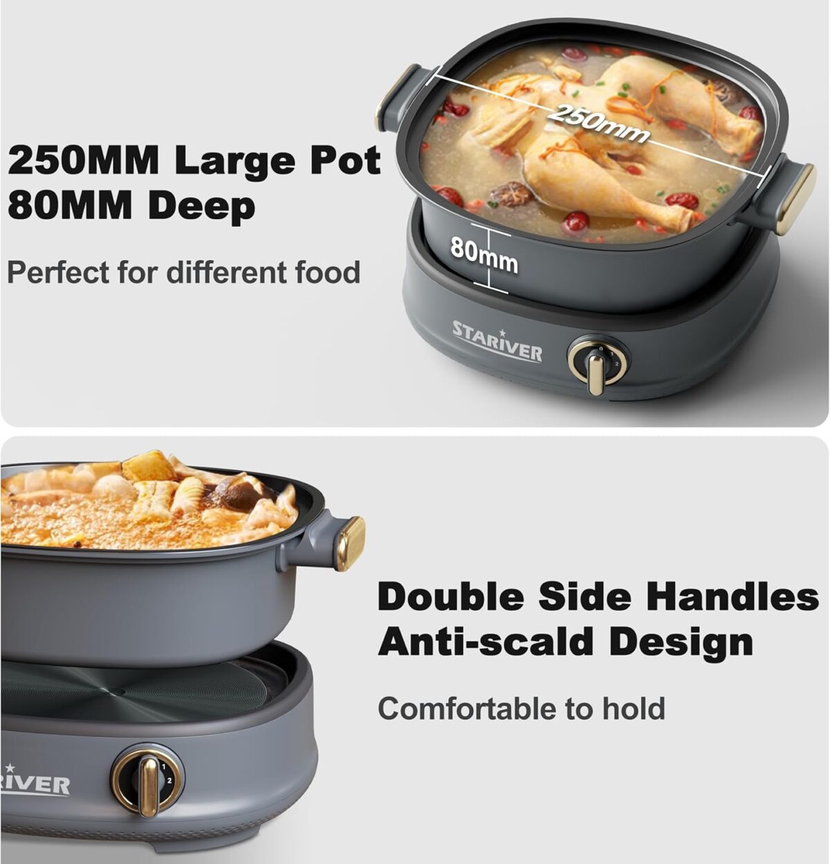 Stariver 3L Electric Hot Pot with Dual-Power Control and Non-Stick,Electric Shabu Shabu Pot with Removable Pot, Electric Pot with Tempered Glass Lid for Party, Family Dinners - Image 6