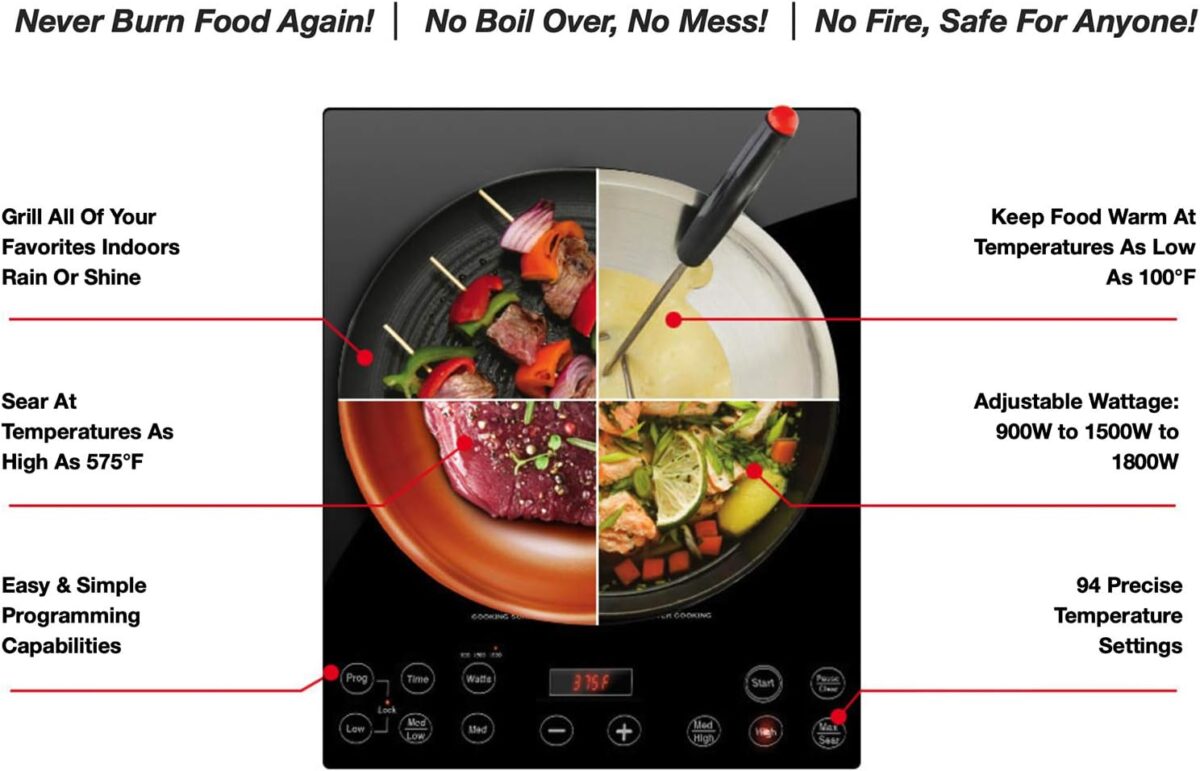 Nuwave Pro Chef Induction Cooktop, NSF-Certified, Commercial-Grade, Portable, Powerful 1800W, Large 8” Heating Coil, 94 Temp Settings 100°F - 575°F in 5°F, Shatter-Proof Ceramic Glass Surface - Image 3