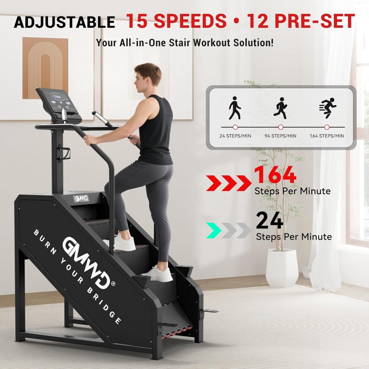 Stepper Machine, GMWD Stair Climber with LED Screen, Commercial Grade Stair Stepper Exercise Machine with 15 Resistance Levels, 441LBS, 24-164 Steps/Minute, Black - Image 3