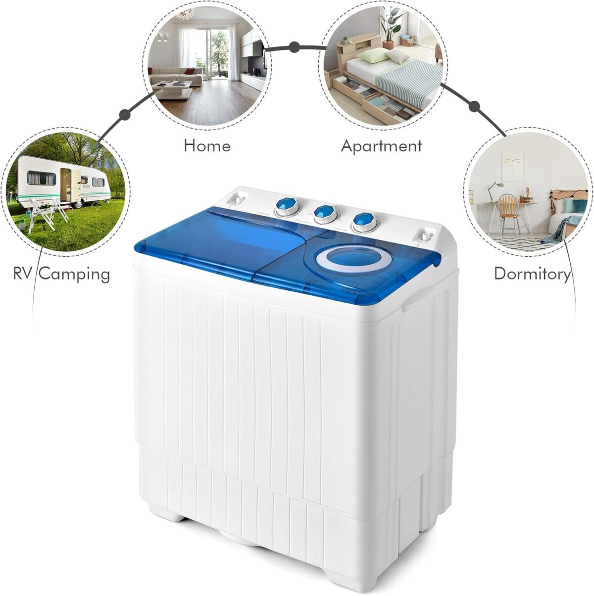 COSTWAY, Twin Tub 26lbs Capacity Laundry, 18lbs 8lbs Spinner Combo with Timer Knobs, Built-in Drain Pump, Compact Washer for Home Dorm Apartment (Blue+White) portable washing machine - Image 7