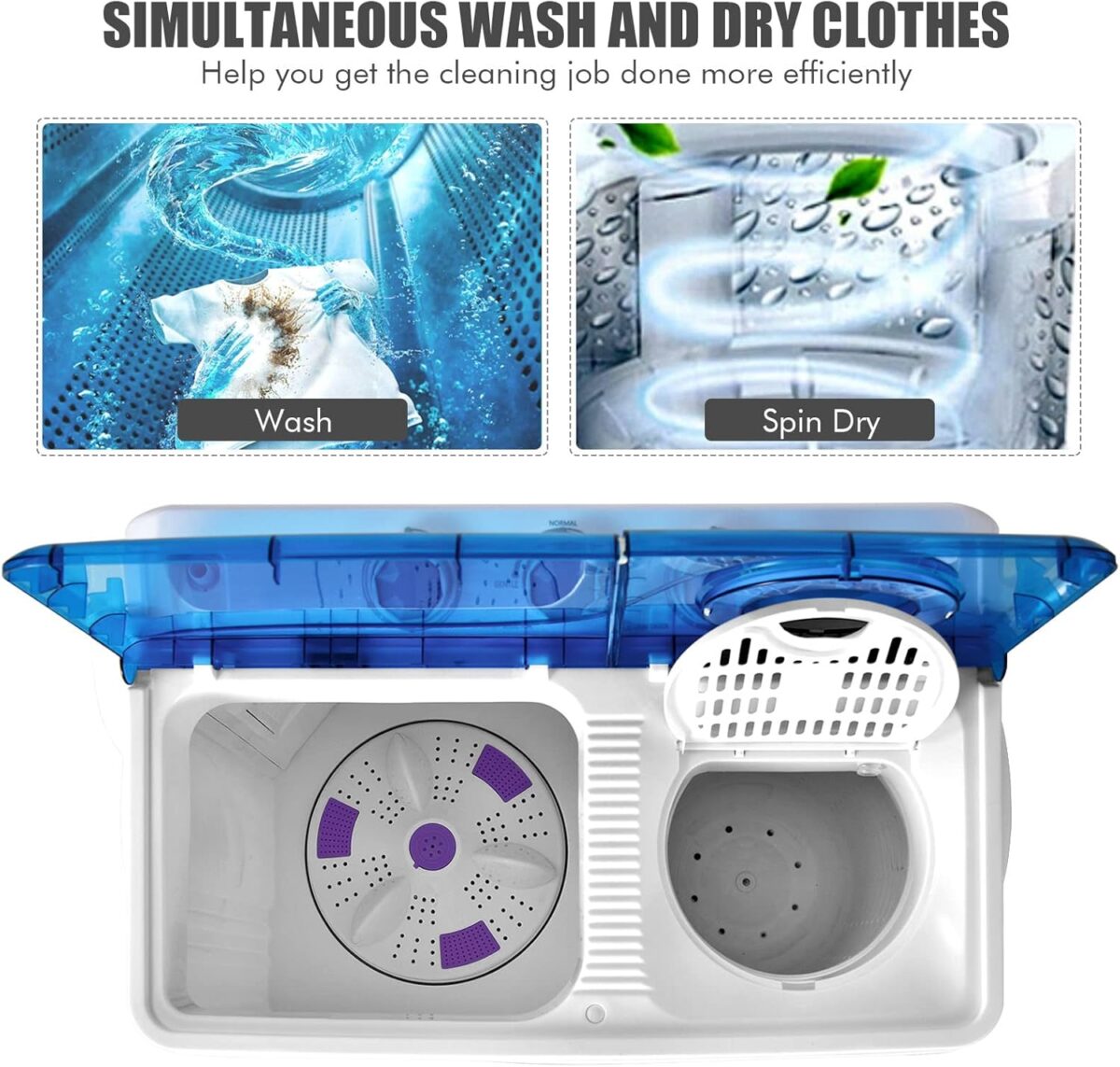 COSTWAY, Twin Tub 26lbs Capacity Laundry, 18lbs 8lbs Spinner Combo with Timer Knobs, Built-in Drain Pump, Compact Washer for Home Dorm Apartment (Blue+White) portable washing machine - Image 9