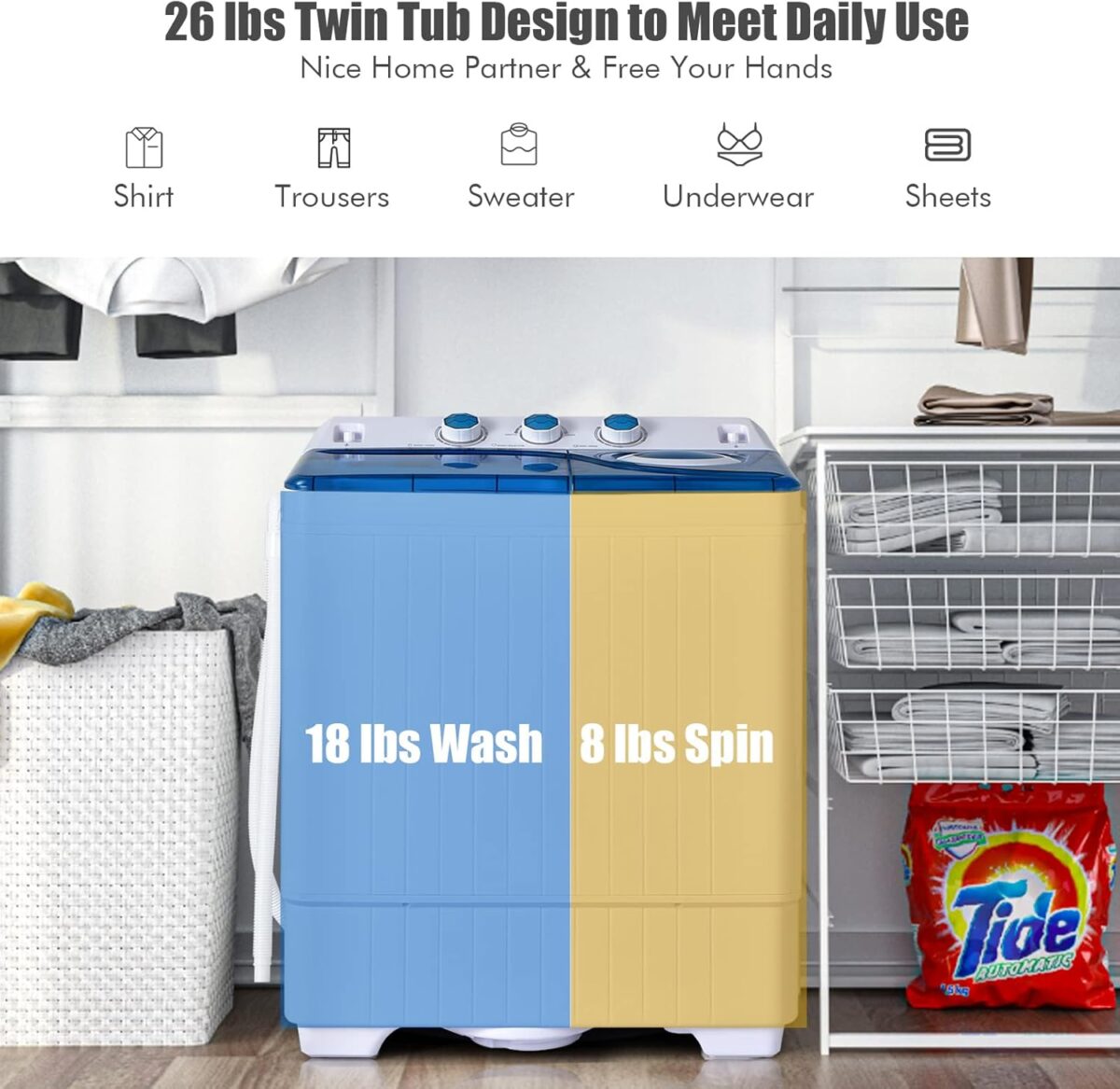 COSTWAY, Twin Tub 26lbs Capacity Laundry, 18lbs 8lbs Spinner Combo with Timer Knobs, Built-in Drain Pump, Compact Washer for Home Dorm Apartment (Blue+White) portable washing machine - Image 10