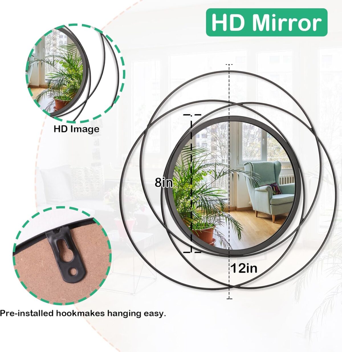 Black Circle Mirror Wall Decorative Metal Wall Mirror, Art Small Round Wall Home Mirror, Decor Living Room Bedroom Bathroom Entryway 12" - Image 8