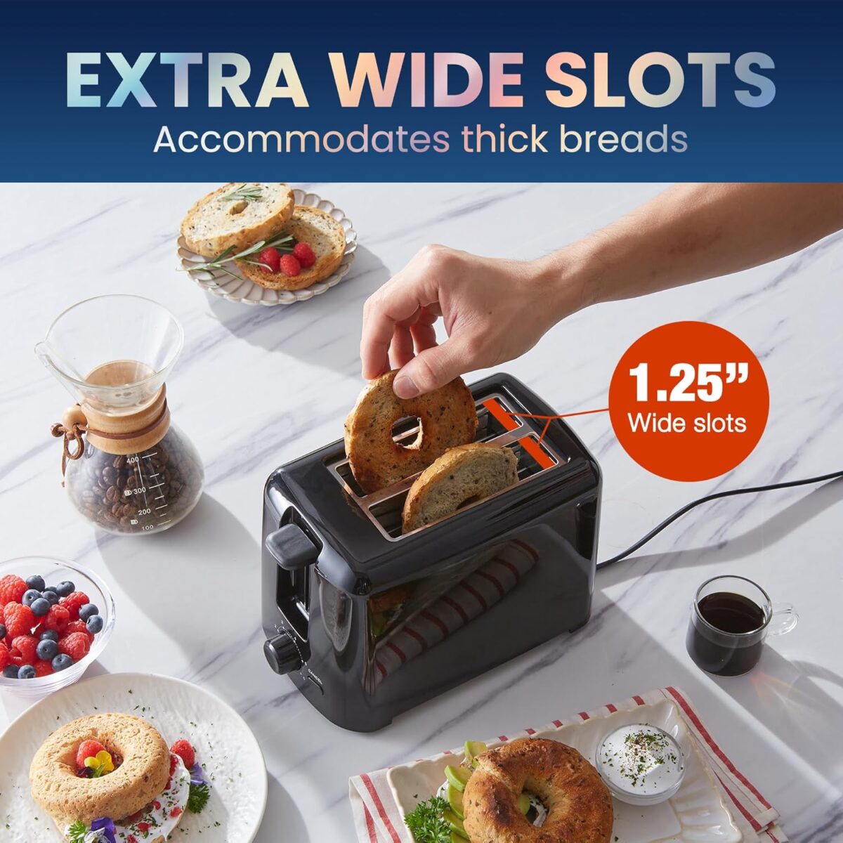 Elite Gourmet ECT1027B Cool Touch Toaster with 6 Temperature Settings & Extra Wide 1.25" Slots for Bagels, Waffles, Specialty Breads, Puff Pastry, Snacks, ETL Certified, 2 Slices, Black - Image 4