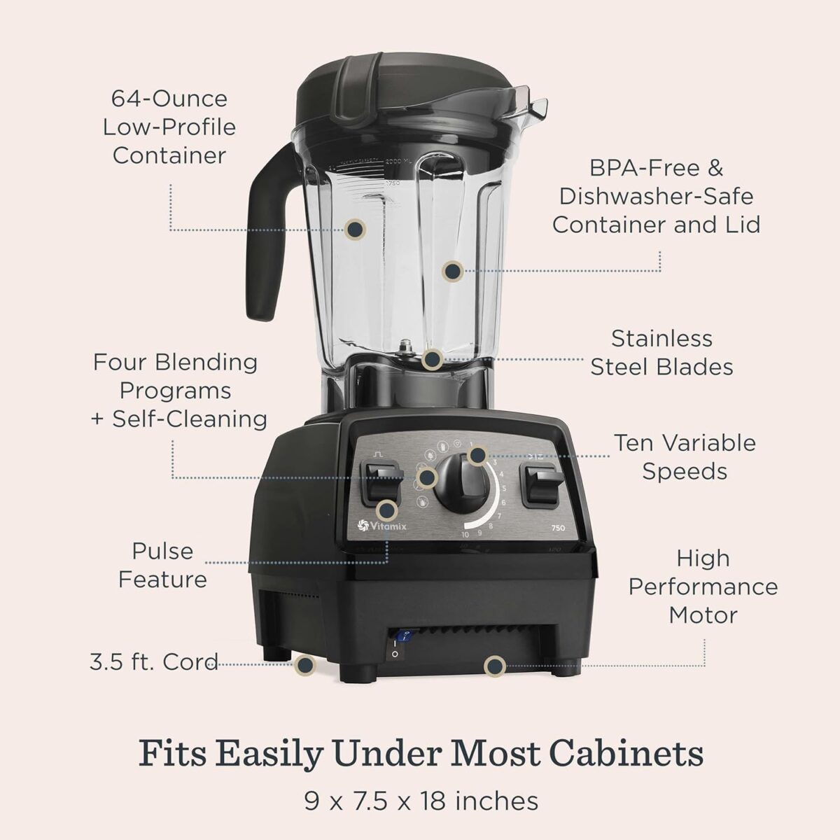 Vitamix Propel Series 750 Blender with Four Blending Programs, Self-Cleaning Program, Professional-Grade Blender for Smoothies, Soups and More, Stainless-Steel Blades, 64 Oz Container, Black - Image 5
