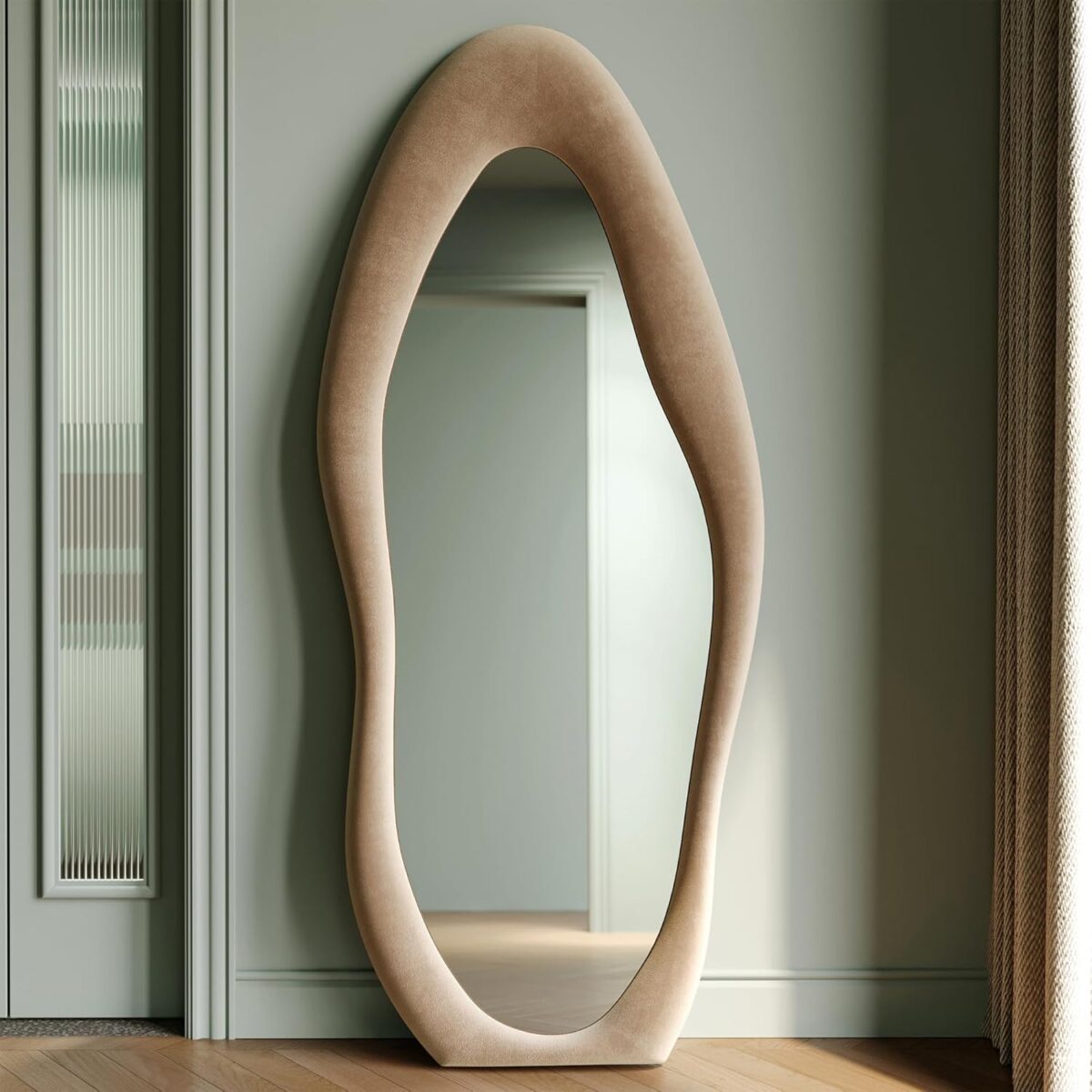 Honyee Full Length Mirror, 63" x 24" Wall Mirror, Flannel Wrapped Wooden Frame Floor Mirror, Irregular Wavy Mirror Hanging or Leaning Against Wall for Cloakroom/Bedroom/Living Room, Milk Tea - Image 3