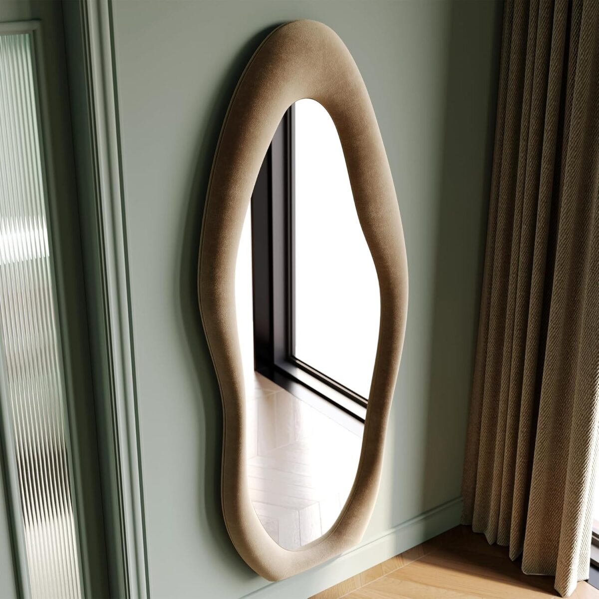 Honyee Full Length Mirror, 63" x 24" Wall Mirror, Flannel Wrapped Wooden Frame Floor Mirror, Irregular Wavy Mirror Hanging or Leaning Against Wall for Cloakroom/Bedroom/Living Room, Milk Tea - Image 4