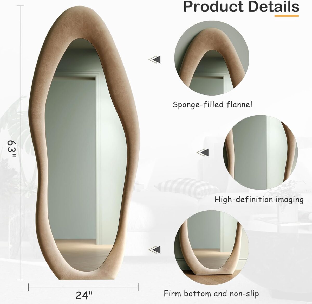 Honyee Full Length Mirror, 63" x 24" Wall Mirror, Flannel Wrapped Wooden Frame Floor Mirror, Irregular Wavy Mirror Hanging or Leaning Against Wall for Cloakroom/Bedroom/Living Room, Milk Tea - Image 6