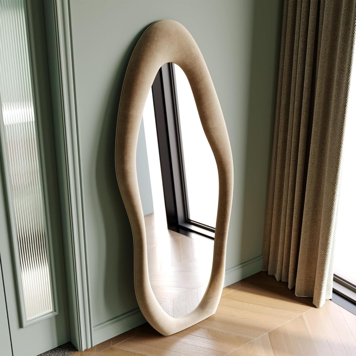 Honyee Full Length Mirror, 63" x 24" Wall Mirror, Flannel Wrapped Wooden Frame Floor Mirror, Irregular Wavy Mirror Hanging or Leaning Against Wall for Cloakroom/Bedroom/Living Room, Milk Tea - Image 8
