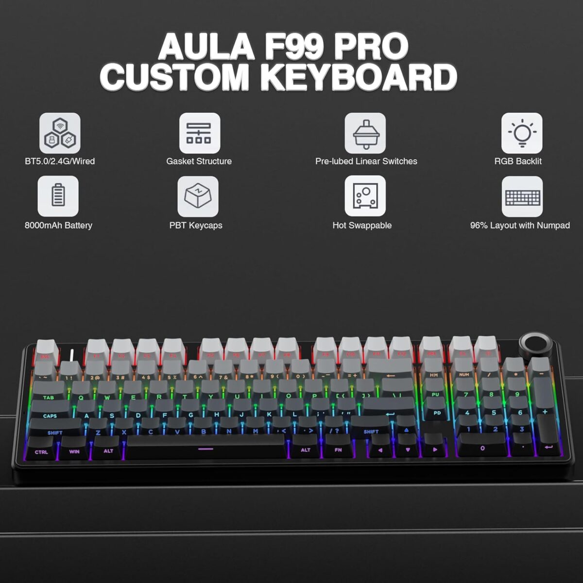 AULA F99 Pro Wireless Mechanical Keyboard with Knob,Gasket Structure,Tri-Mode BT5.0/USB-C/2.4GHz Hot Swappable Keyboard,Creamy Sound,RGB Backlit PBT Keycaps Computer Gaming Keyboards - Image 3