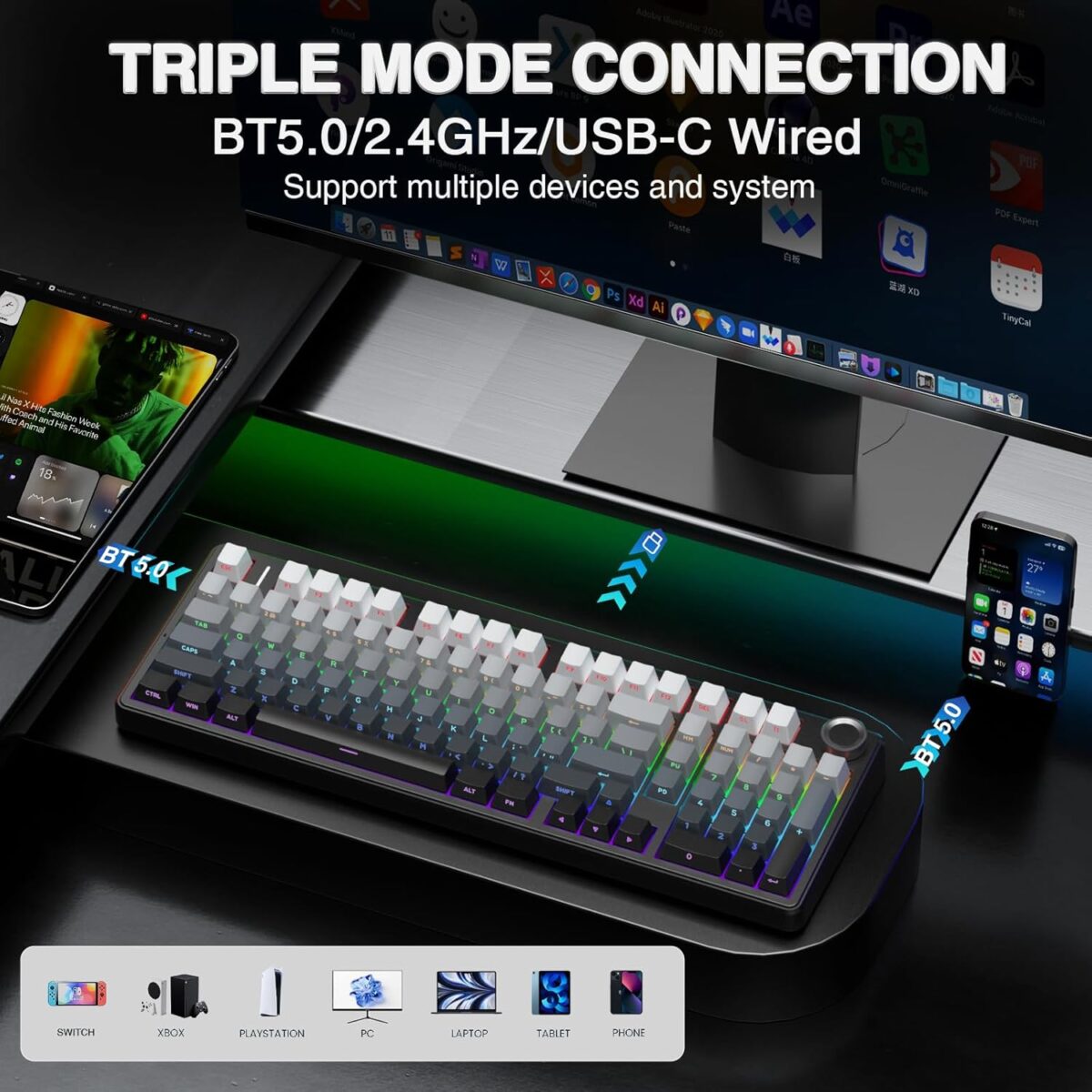 AULA F99 Pro Wireless Mechanical Keyboard with Knob,Gasket Structure,Tri-Mode BT5.0/USB-C/2.4GHz Hot Swappable Keyboard,Creamy Sound,RGB Backlit PBT Keycaps Computer Gaming Keyboards - Image 4