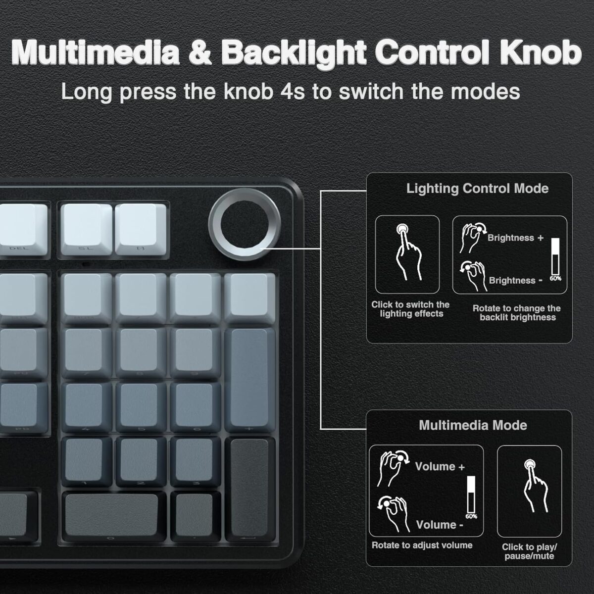 AULA F99 Pro Wireless Mechanical Keyboard with Knob,Gasket Structure,Tri-Mode BT5.0/USB-C/2.4GHz Hot Swappable Keyboard,Creamy Sound,RGB Backlit PBT Keycaps Computer Gaming Keyboards - Image 6