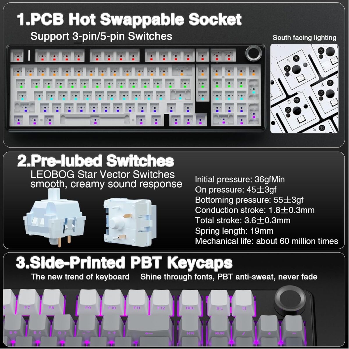 AULA F99 Pro Wireless Mechanical Keyboard with Knob,Gasket Structure,Tri-Mode BT5.0/USB-C/2.4GHz Hot Swappable Keyboard,Creamy Sound,RGB Backlit PBT Keycaps Computer Gaming Keyboards - Image 8