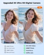 4K Digital Camera, 64MP Autofocus Vlogging Camera with Front Rear Lens, Flash, 16X Zoom, Anti-Shake, 32GB Card, Compact Point Shoot Camera for Teens Adult Beginner Travel Photography(White) - Image 3