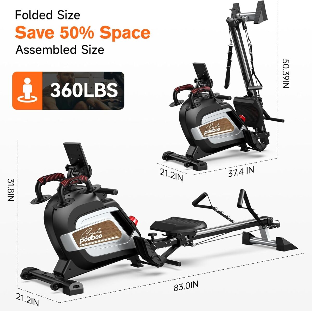 Pooboo Magnetic Rowing Machine 360 LB Weight Capacity, folding rower with Combination Strength exercise, Tablet Holder and Comfortable Seat Cushion, Rower for Home Use - Image 8