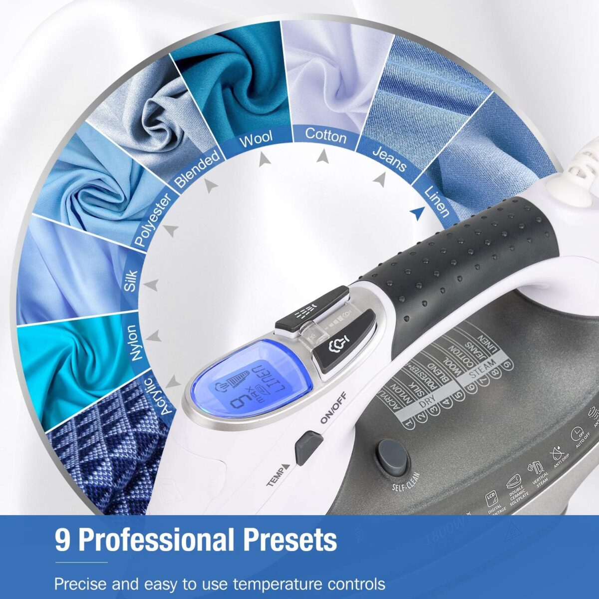 BEAUTURAL 1800-Watt Steam Iron with Digital LCD Screen, Double-Layer and Ceramic Coated Soleplate, 3-Way Auto-Off, 9 Preset Temperature and Steam Settings for Variable Fabric Gray - Image 3