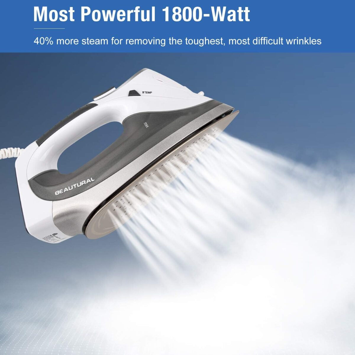 BEAUTURAL 1800-Watt Steam Iron with Digital LCD Screen, Double-Layer and Ceramic Coated Soleplate, 3-Way Auto-Off, 9 Preset Temperature and Steam Settings for Variable Fabric Gray - Image 5