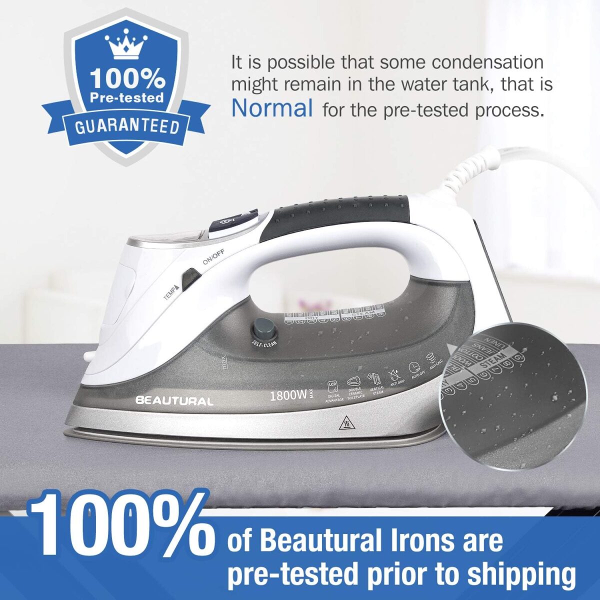BEAUTURAL 1800-Watt Steam Iron with Digital LCD Screen, Double-Layer and Ceramic Coated Soleplate, 3-Way Auto-Off, 9 Preset Temperature and Steam Settings for Variable Fabric Gray - Image 7
