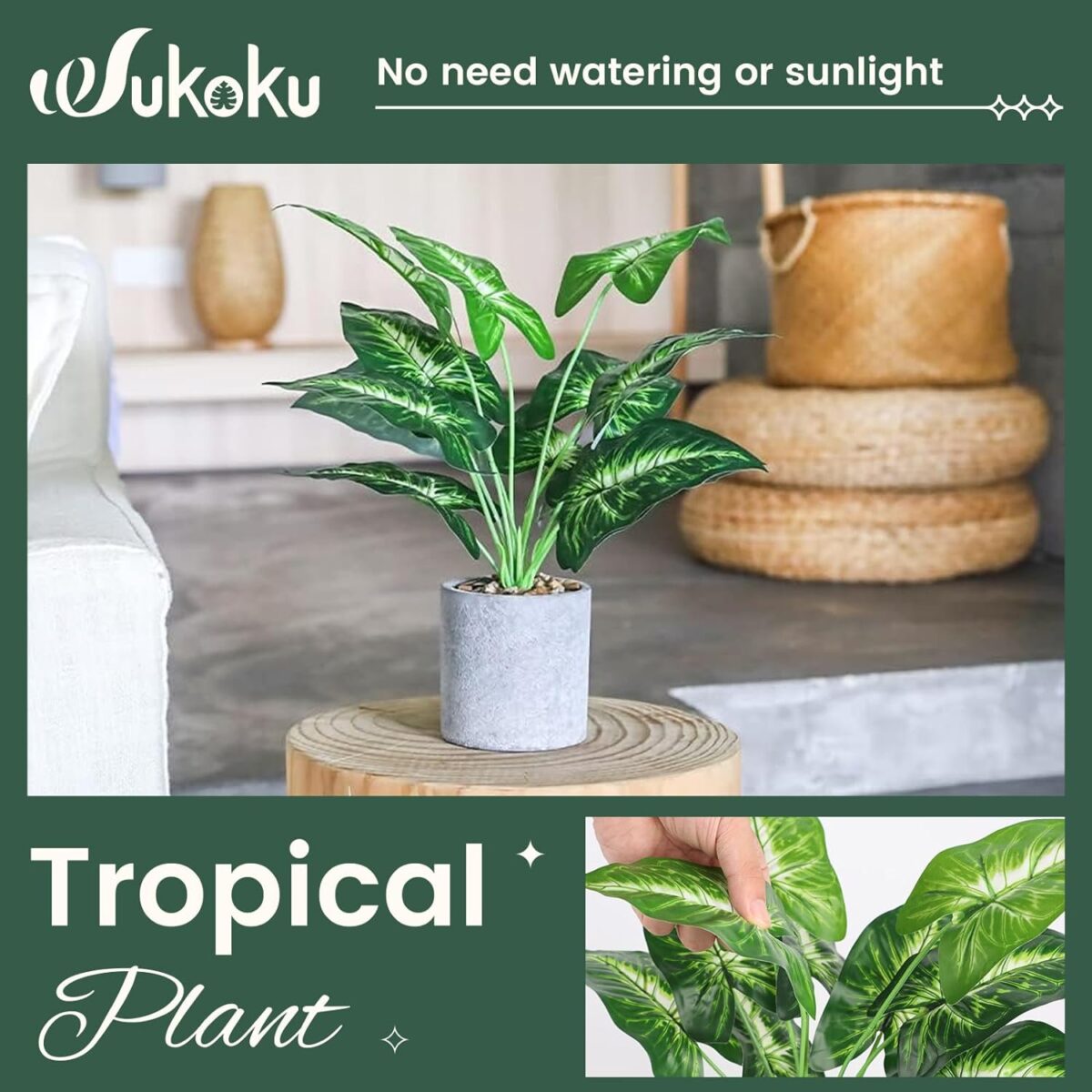 16" Small Fake Plants Artificial Tropical Faux Plants Indoor Desk Plant for Home Office Kitchen Shelf Sage Green Decor - Image 3