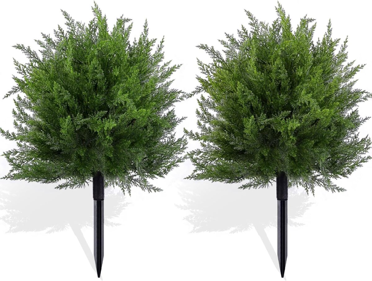 23.6" Artificial Cypress Topiary Outdoor Plants with Spike, 2 Pack Faux Cedar Bushes UV Resistant Fake Shrubs for Front Porch Décor (Cedar Topiary Ball Trees) - Image 2