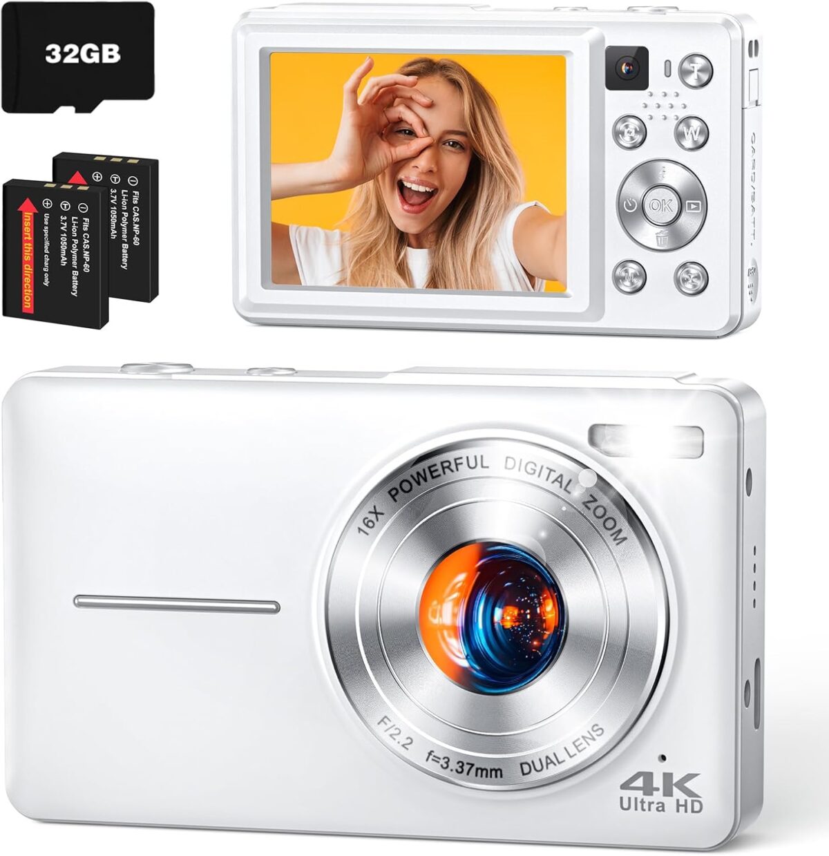 4K Digital Camera, 64MP Autofocus Vlogging Camera with Front Rear Lens, Flash, 16X Zoom, Anti-Shake, 32GB Card, Compact Point Shoot Camera for Teens Adult Beginner Travel Photography(White) - Image 2