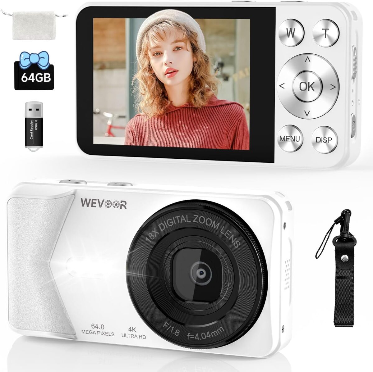 4K Digital Camera, Wevoor 64MP Point and Shoot Digital Camera with Autofocus, 18X Zoom, 20 Filters, 64GB SD Card, 2000 mAh Battery, 2.8" Screen Compact Vlogging Camera for Beginners Teens Adult(White) - Image 2