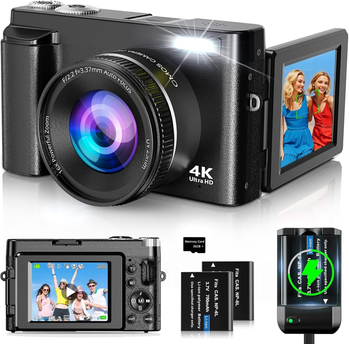4K Digital Camera for Photography and Video, Autofocus 48MP Vlogging Camera for YouTube with 3'' 180°Flip Screen 16X Zoom Compact Travel Cameras with SD Card, 2 Batteries, Anti-Shake, Flash (Black) - Image 2