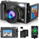 4K Digital Camera for Photography and Video, Autofocus 48MP Vlogging Camera for YouTube with 3'' 180°Flip Screen 16X Zoom Compact Travel Cameras with SD Card, 2 Batteries, Anti-Shake, Flash (Black) - Image 2