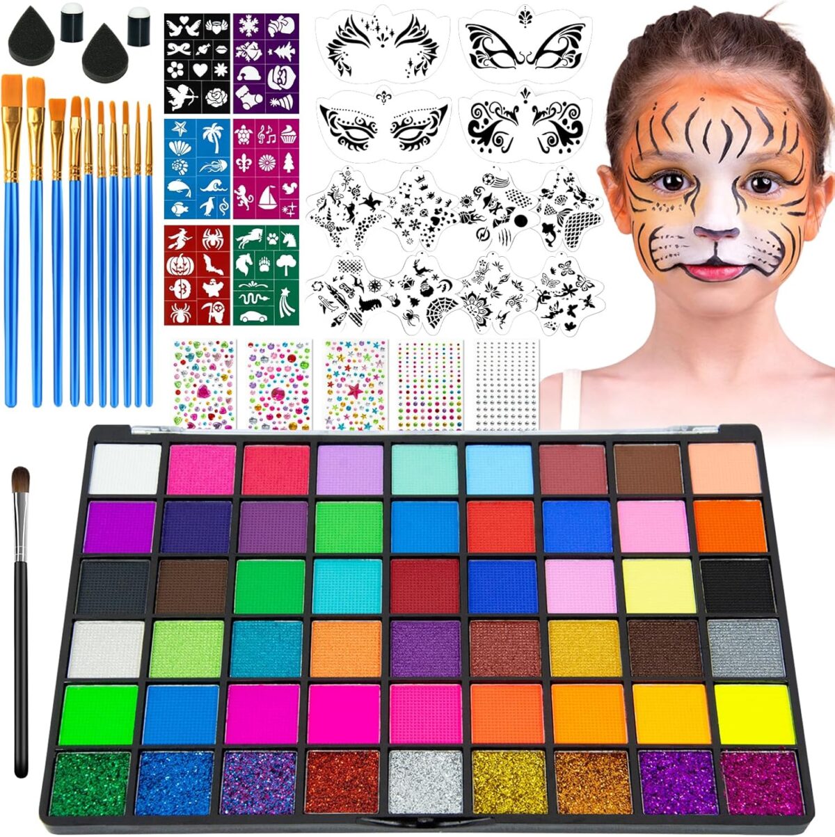 54 Colors Face Painting Kit for Kids, Non-Toxic Water Activated Face Paint Palette, Facepaint Makeup Kit with Brushes, Stencils, Gems, for Festivals, Halloween, Carnival, Birthday Parties - Image 2