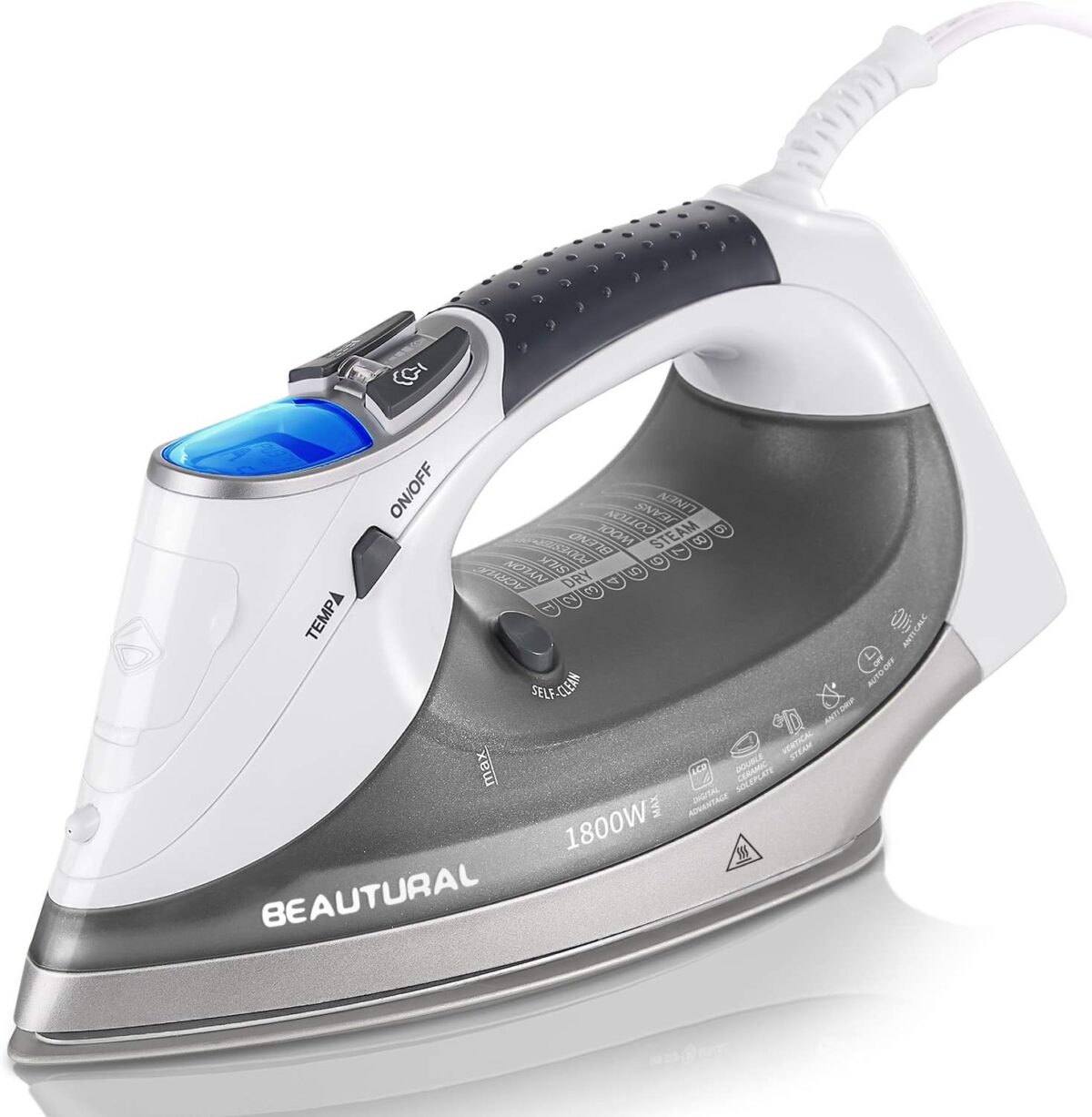 BEAUTURAL 1800-Watt Steam Iron with Digital LCD Screen, Double-Layer and Ceramic Coated Soleplate, 3-Way Auto-Off, 9 Preset Temperature and Steam Settings for Variable Fabric Gray - Image 2