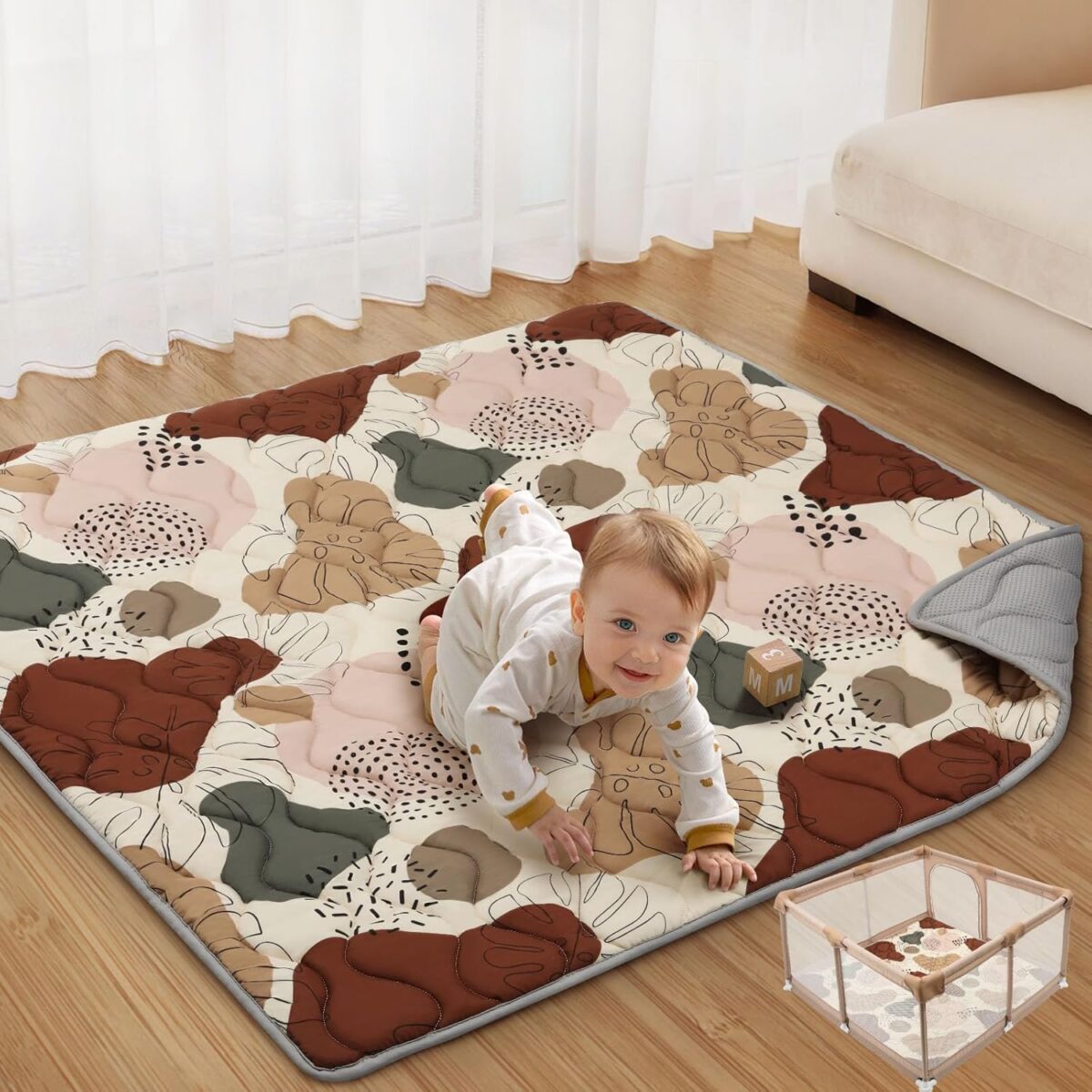 Blissful Diary Baby Play Mats for Floor, 50x50 Crawling Mat for Playpen, Thicken Soft Padding Foam Playmats for Babies and Toddlers Infants, Foldable and Machine Washable, Boho Design - Image 2