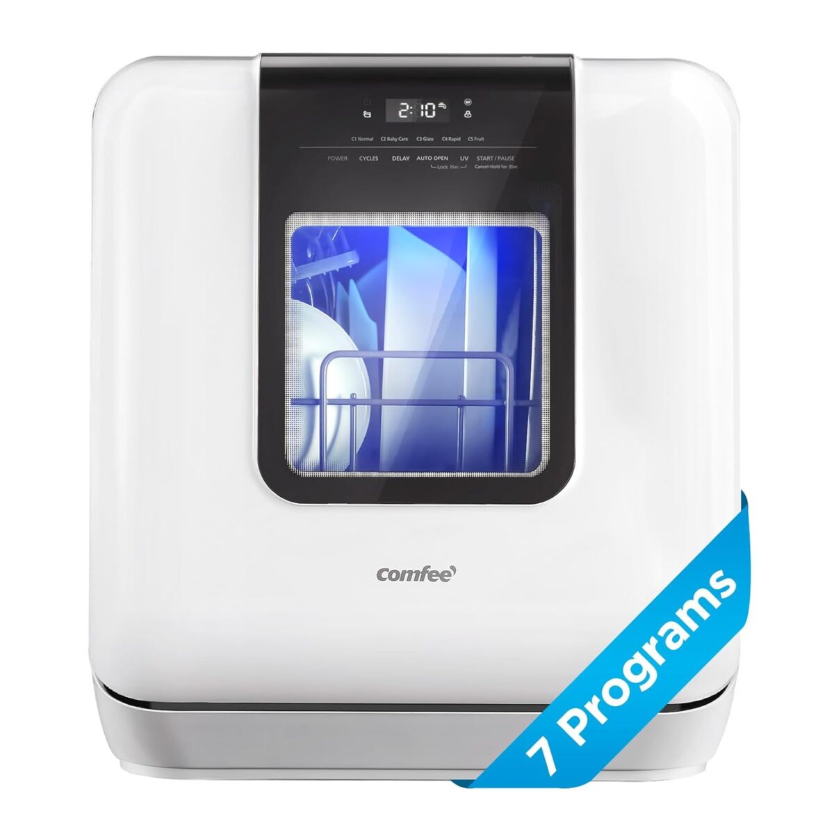 COMFEE' Countertop Dishwasher, Portable Dishwasher with 6L Built-in Water Tank, Mini Dishwasher with More Space Inside, 7 Programs, UV Hygiene& Auto Door Open, for Apartments, Dorms& RVs, White - Image 2