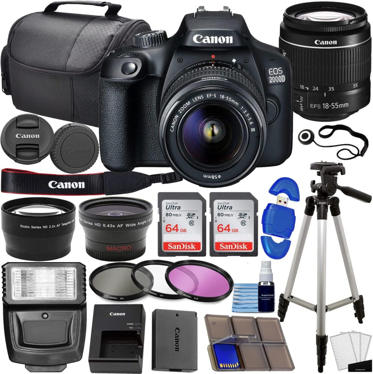 Canon EOS 2000D / Rebel T7 DSLR Camera w/EF-S 18-55mm f/3.5-5.6 Lens 3 Lens Kit: 128GB Memory + Wide Angle + Telephoto + Flash (Renewed) - Image 2