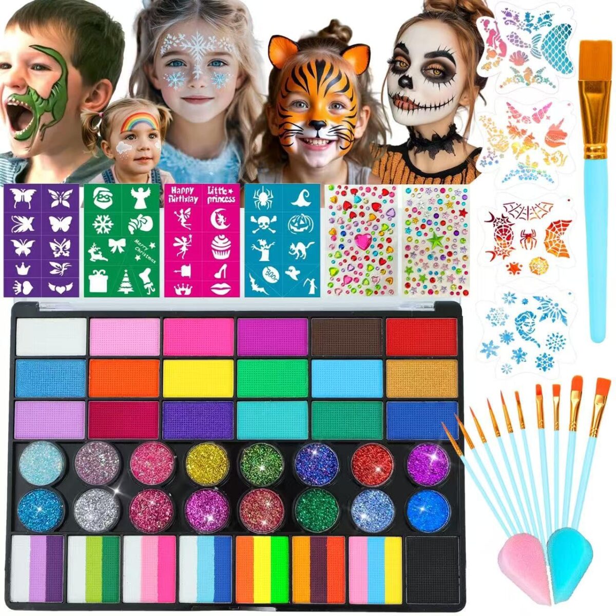 Face Painting Kit for Kids, 42 Colors Professional Face Paint Makeup Kit Non-Toxic Water Activated Facepaint Pallette with Brushes, Stencils, Sponge, Gems, for Party Cosplay Halloween (42 Colors) - Image 2