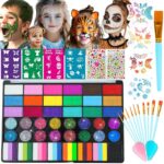 Face Painting Kit for Kids, 42 Colors Professional Face Paint Makeup Kit Non-Toxic Water Activated Facepaint Pallette with Brushes, Stencils, Sponge, Gems, for Party Cosplay Halloween (42 Colors) - Image 2