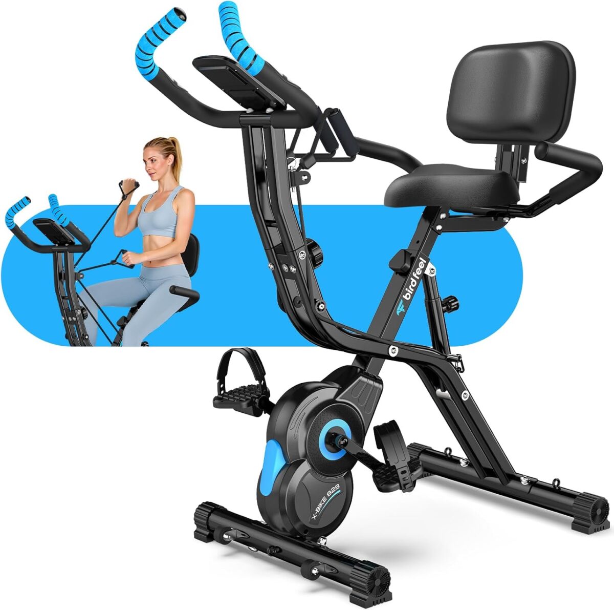 Foldable Exercise Bike, Multifunctional Indoor Stationary Bikes for Home with 8-Level Magnetic Resistance, Quiet Workout Bike with Arm Resistance Bands, LCD Monitor, 300LBS Capacity - Image 2