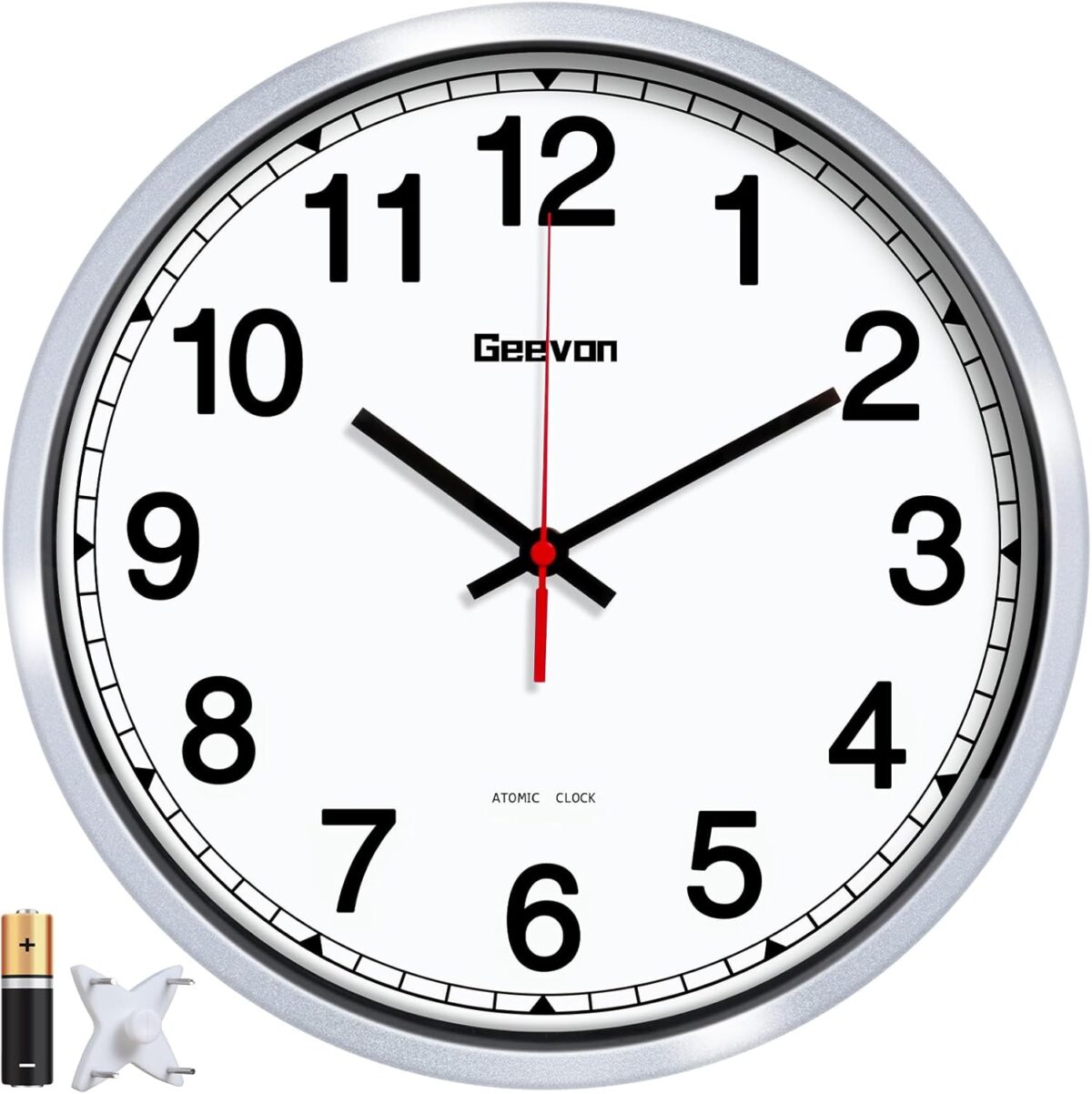 Geevon 12 Inch Atomic Wall Clock - Self-Setting Analog Clock with Automatic Time Sync - Battery Operated for Home Office School - Silver Frame - Image 2