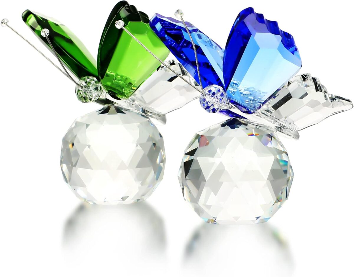H&D HYALINE & DORA Set 2pcs Butterfly Crystal Figurine Collection Cut Glass Animal Ornament Art Craft Statue with Ball Base Table Wedding Decoration Women Gift - Image 2