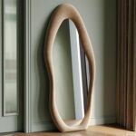 Honyee Full Length Mirror, 63" x 24" Wall Mirror, Flannel Wrapped Wooden Frame Floor Mirror, Irregular Wavy Mirror Hanging or Leaning Against Wall for Cloakroom/Bedroom/Living Room, Milk Tea - Image 2