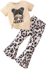 Kids Toddler Girl Clothes Letter Print Graphic Top + Leopard Print Flare Leg Pants 2PC Summer Clothing Set - Image 2