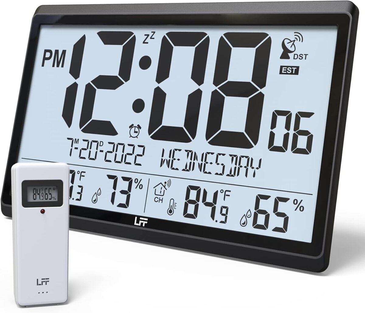LFF Atomic Clock/Never Needs Setting, Battery Operated, Atomic Wall Clock with Indoor/Outdoor Temperature & Humidity, Wireless Outdoor Sensor, 15" Digital Wall Clock with 4.5" Numbers Easy-to-Read - Image 2