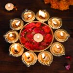 LOVENSPIRE Urli Bowl Brass Finished Diya Shape Flower Decorative Urli Bowl for Floating Flowers Tea Light Candles Home Office Table Decor Diwali Decoration Indian Showpiece Items (10 Diyas) - Image 2