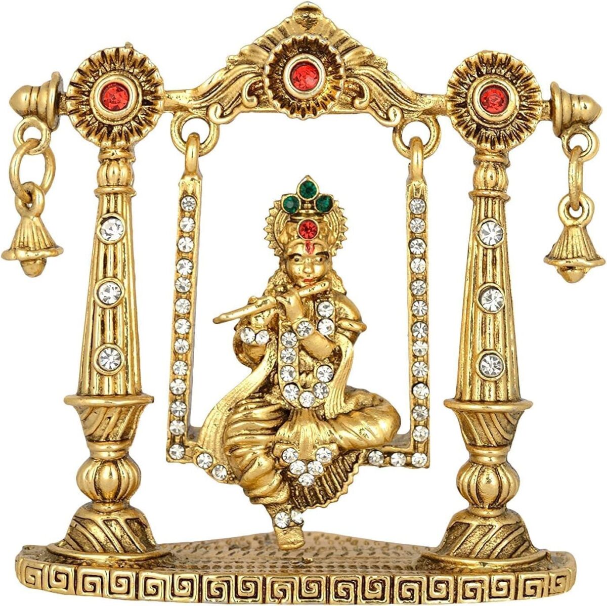 Lord Krishna Idol on Jhula Flute Krishna Idol Gold Metal Statue for Home Décor Car Dashboard Mandir Pooja Murti Temple Puja Office Table Showpiece - Image 2