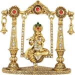 Lord Krishna Idol on Jhula Flute Krishna Idol Gold Metal Statue for Home Décor Car Dashboard Mandir Pooja Murti Temple Puja Office Table Showpiece - Image 2
