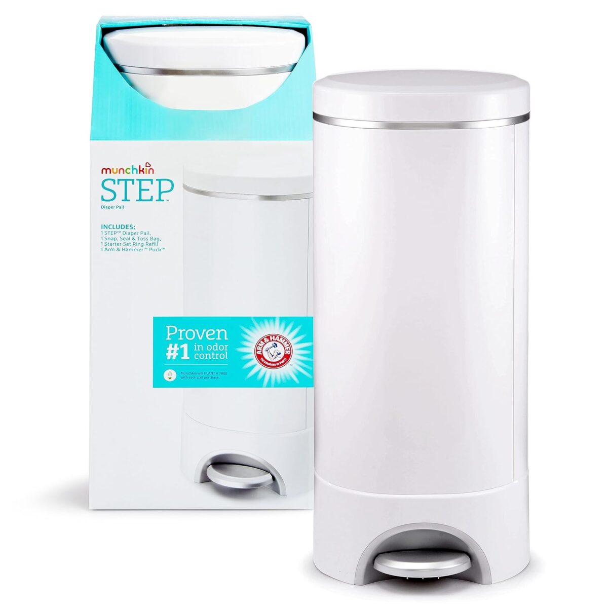 Munchkin® STEP™ Diaper Pail Powered by Arm & Hammer, #1 in Odor Control, Award-Winning, Includes 1 Snap, Seal & Toss™ Bag, 1 Starter Refill Ring, and 1 PUCK™ Baking Soda Cartridge - Image 2