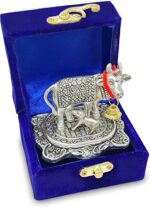 NOBILITY Pooja Items Diwali Gift Silver Antique Small Kamdhenu Cow and Calf with Blue Box Metal Statue Decorative Item Showpiece for Home Office Decoration Wedding Return Gifts - Image 2